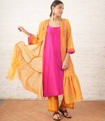 Mustard yellow embroidered chanderi kurta set