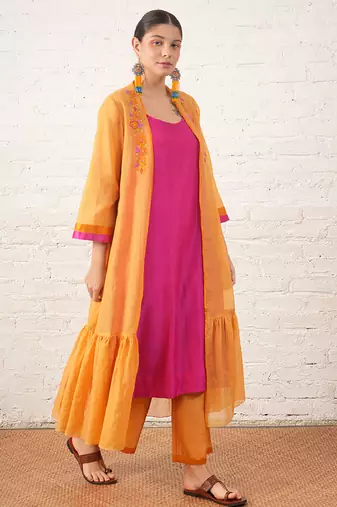Mustard yellow embroidered chanderi kurta set