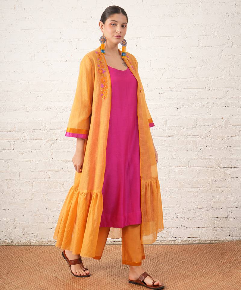 Mustard yellow embroidered chanderi kurta set