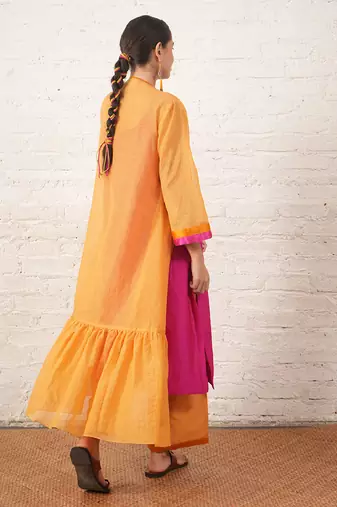Mustard yellow embroidered chanderi kurta set