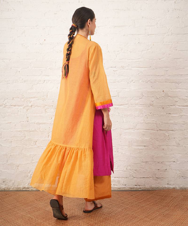 Mustard yellow embroidered chanderi kurta set