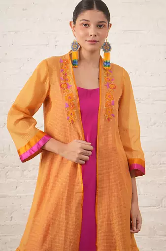 Mustard yellow embroidered chanderi kurta set