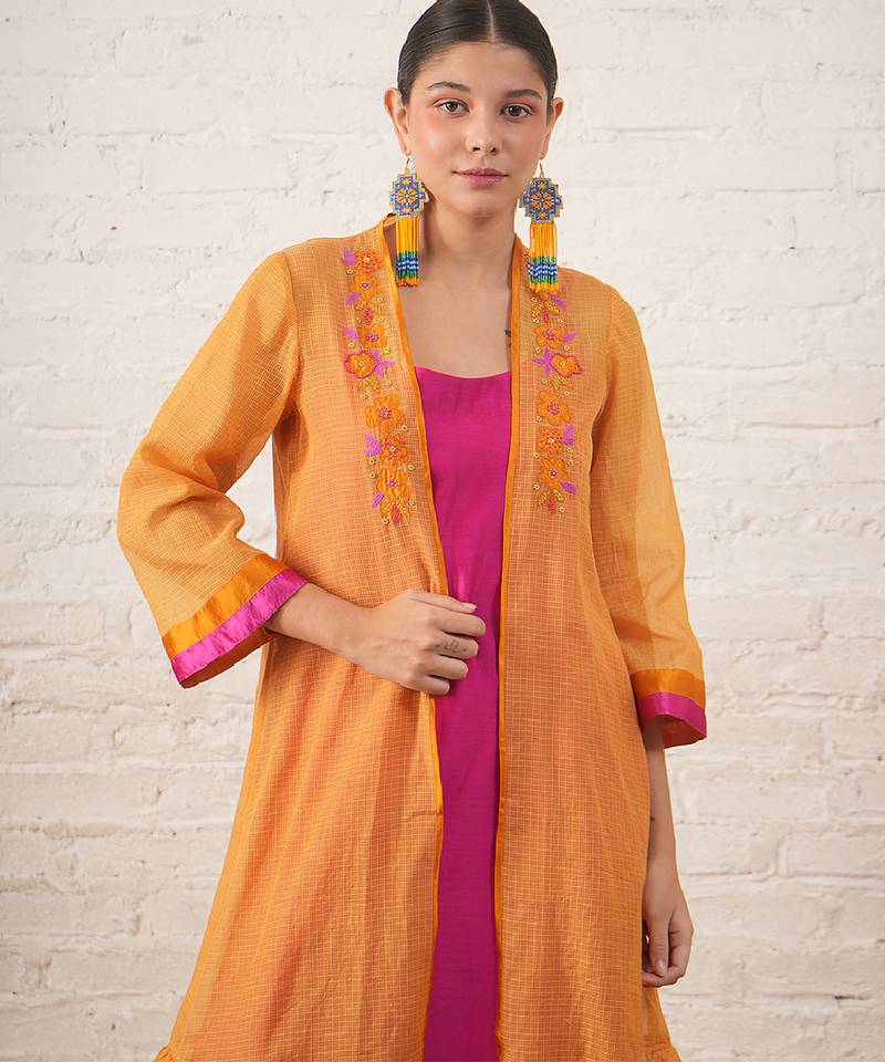 Mustard yellow embroidered chanderi kurta set