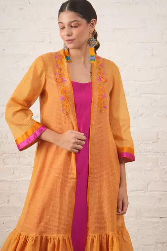 Mustard yellow embroidered chanderi kurta set