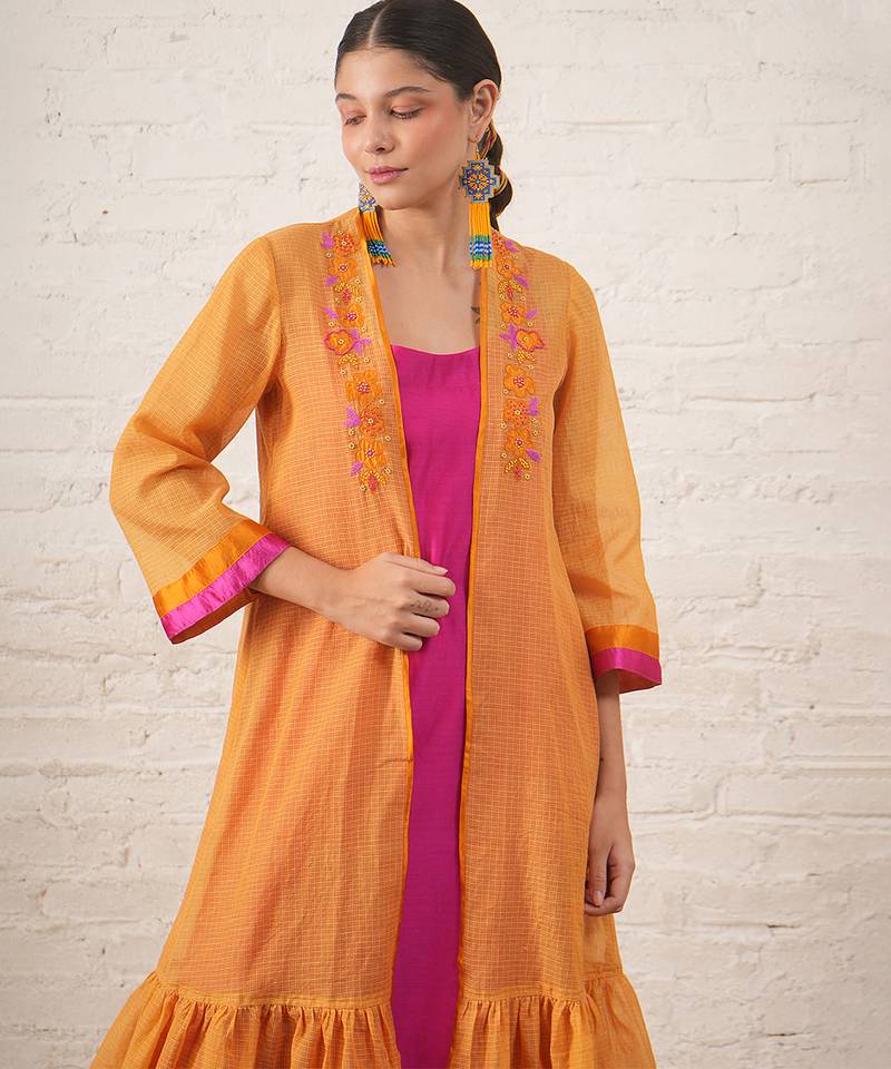 Mustard yellow embroidered chanderi kurta set
