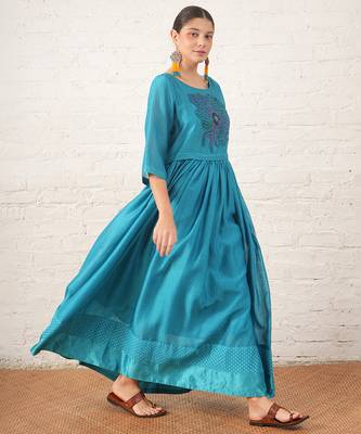 Teal blue embroidered chanderi dress 1
