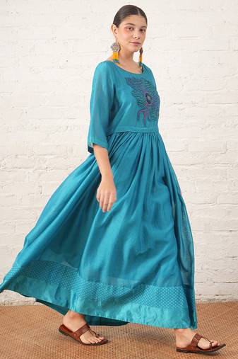 Teal blue embroidered chanderi dress
