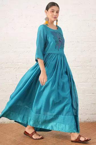 Teal blue embroidered chanderi dress