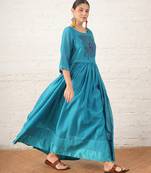 Teal blue embroidered chanderi dress