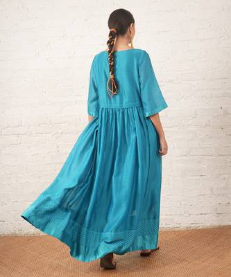 Teal blue embroidered chanderi dress 2