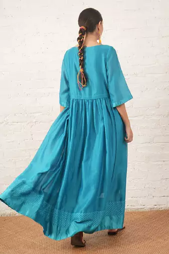 Teal blue embroidered chanderi dress