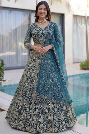 Splendid Teal Blue Sequins Net Party Wear Lehenga With Blouse