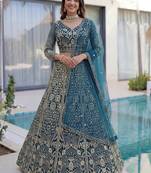 Splendid Teal Blue Sequins Net Party Wear Lehenga With Blouse