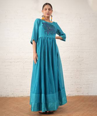 Teal blue embroidered chanderi dress 3