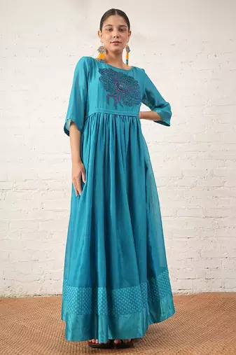 Teal blue embroidered chanderi dress