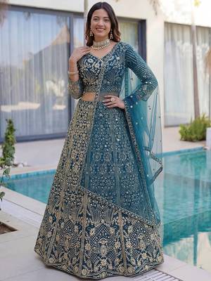 Splendid Teal Blue Sequins Net Party Wear Lehenga With Blouse 2