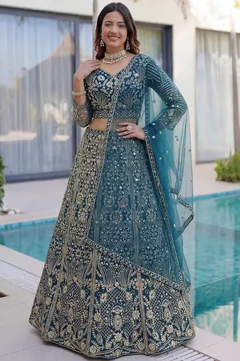 Splendid Teal Blue Sequins Net Party Wear Lehenga With Blouse