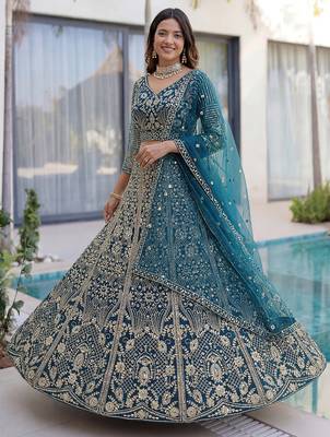 Splendid Teal Blue Sequins Net Party Wear Lehenga With Blouse 3