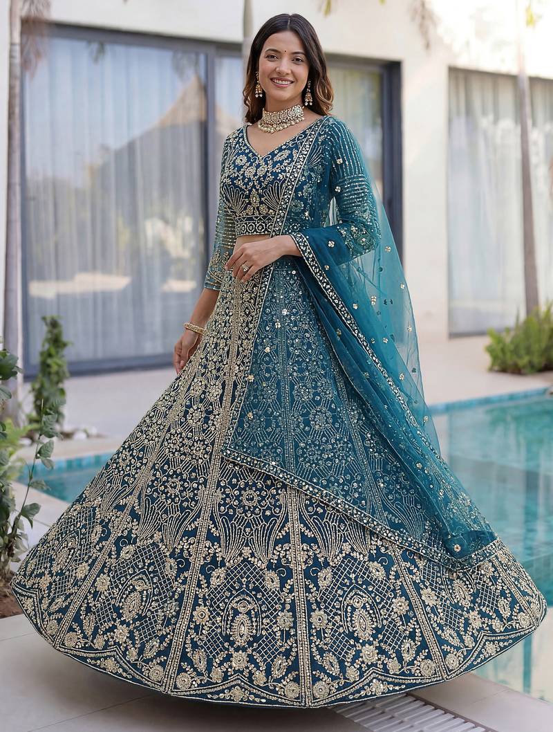 Splendid Teal Blue Sequins Net Party Wear Lehenga With Blouse