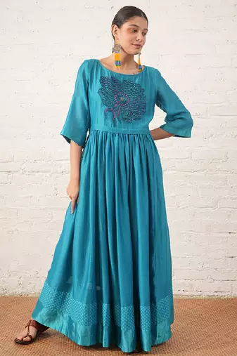 Teal blue embroidered chanderi dress