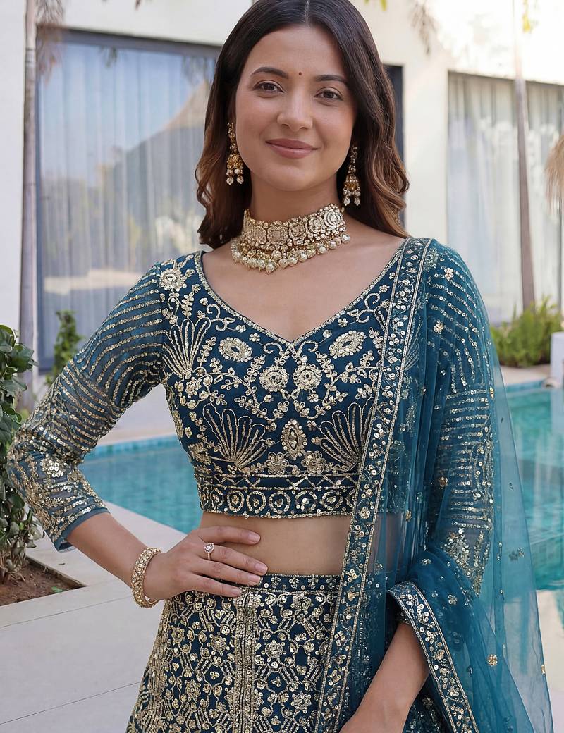 Splendid Teal Blue Sequins Net Party Wear Lehenga With Blouse
