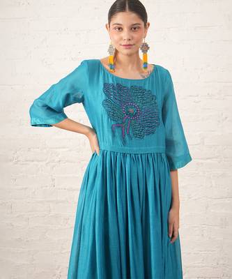 Teal blue embroidered chanderi dress 5