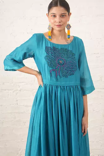 Teal blue embroidered chanderi dress