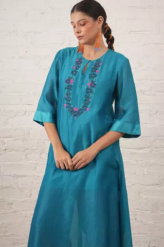 Teal blue embroidered chanderi kurta set