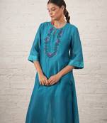 Teal blue embroidered chanderi kurta set