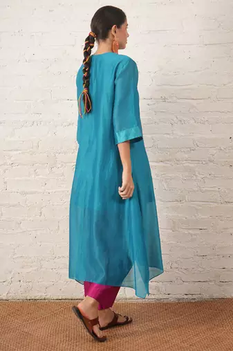 Teal blue embroidered chanderi kurta set