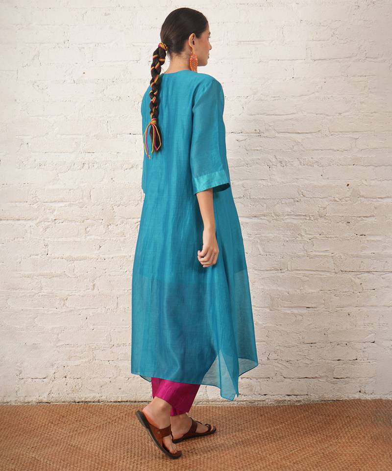Teal blue embroidered chanderi kurta set