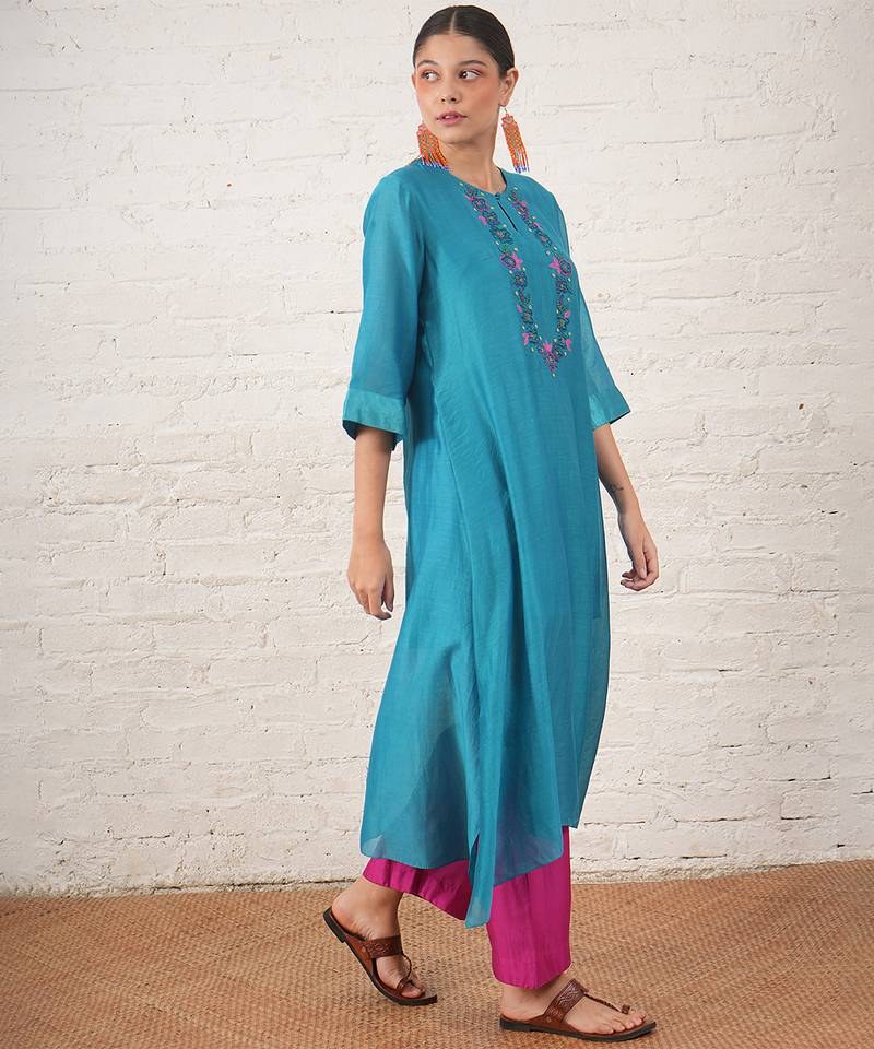 Teal blue embroidered chanderi kurta set
