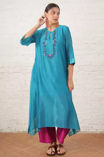 Teal blue embroidered chanderi kurta set