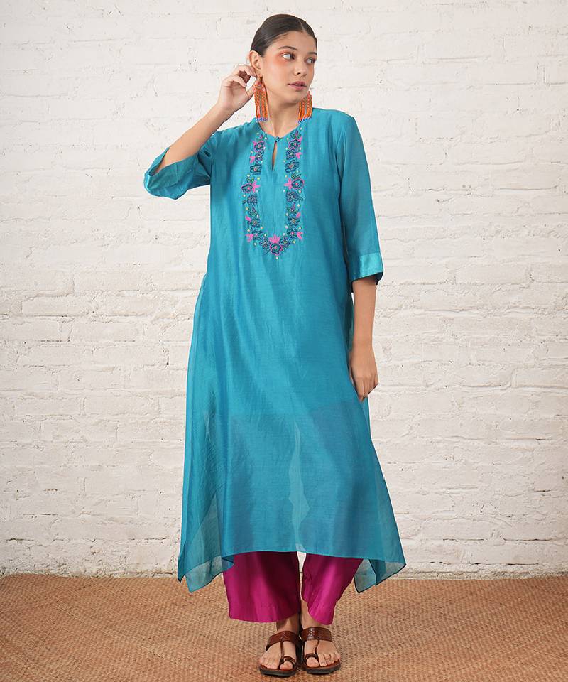 Teal blue embroidered chanderi kurta set