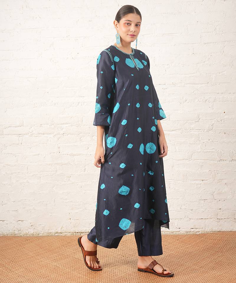 Navy blue embroidered chanderi kurta set