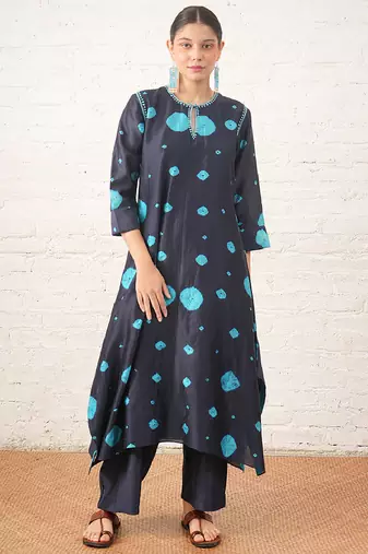 Navy blue embroidered chanderi kurta set