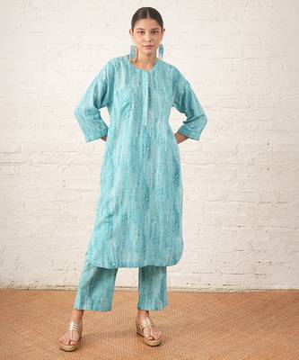 Aqua blue printed cotton kurta set 1