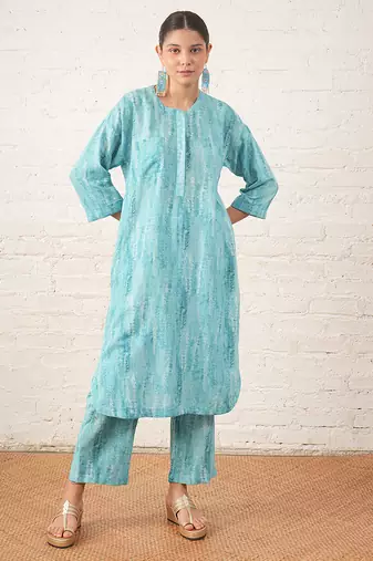Aqua blue printed cotton kurta set