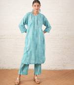 Aqua blue printed cotton kurta set