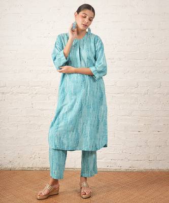Aqua blue printed cotton kurta set 2