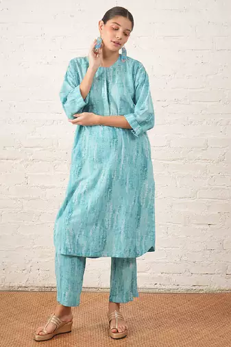 Aqua blue printed cotton kurta set