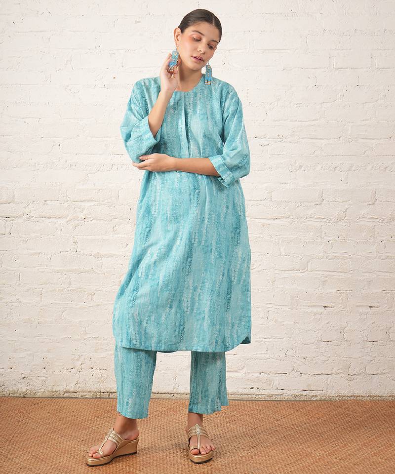 Aqua blue printed cotton kurta set