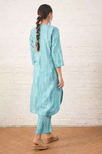 Aqua blue printed cotton kurta set