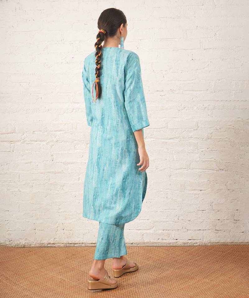 Aqua blue printed cotton kurta set