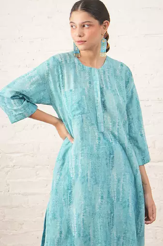Aqua blue printed cotton kurta set