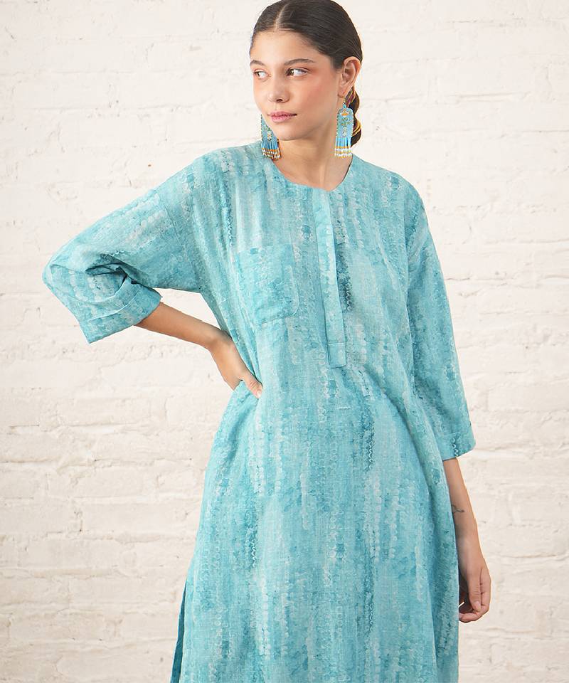 Aqua blue printed cotton kurta set