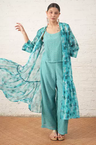 Aqua blue printed chanderi co ord set