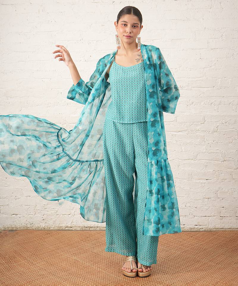 Aqua blue printed chanderi co ord set