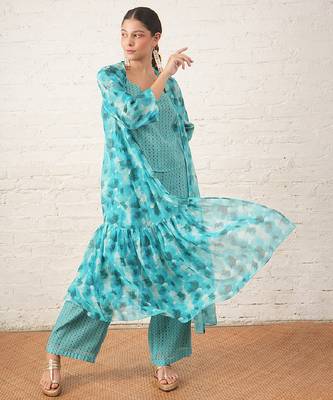 Aqua blue printed chanderi co ord set 2