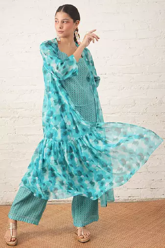 Aqua blue printed chanderi co ord set
